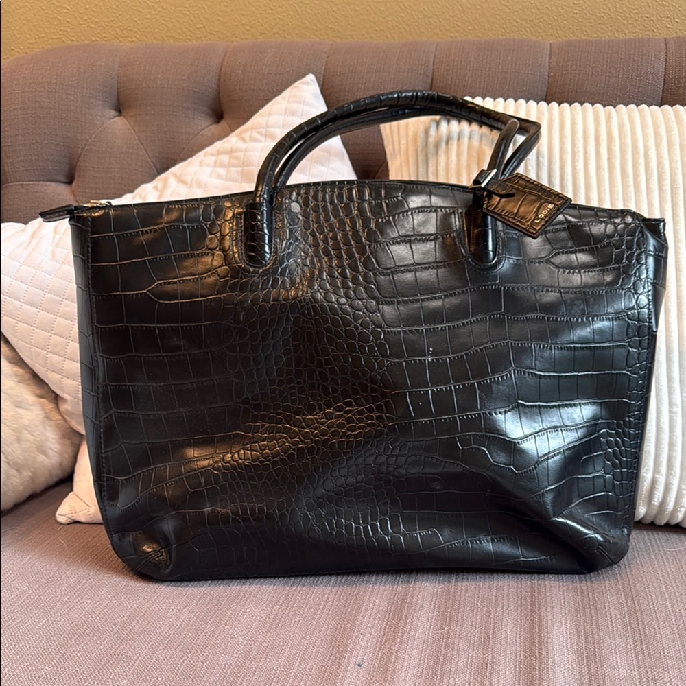 Elegant Black Crocodile-Embossed Lodis Tote Bag